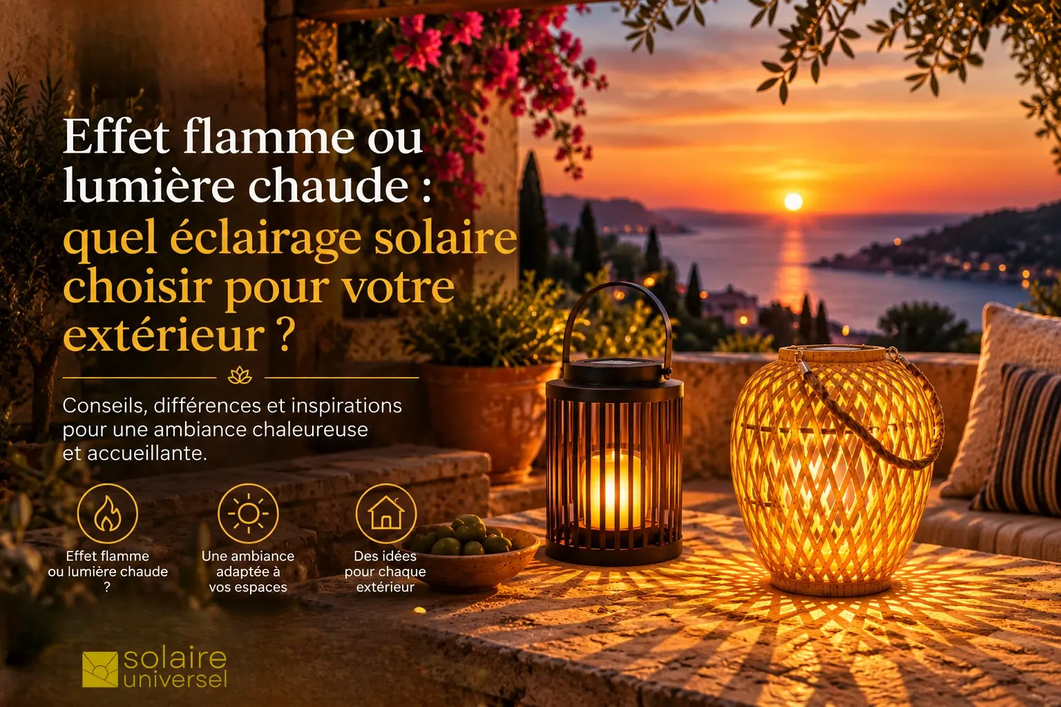 Deux lanternes solaires, l'une à effet flamme et l'autre à lumière chaude, éclairent une terrasse méditerranéenne au coucher du soleil, illustrant deux ambiances lumineuses pour un extérieur chaleureux.