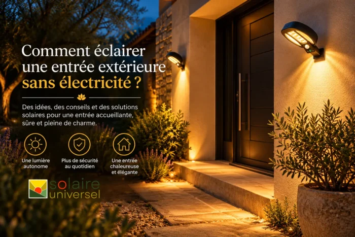 Éclairage d’une entrée extérieure sans électricité avec deux appliques solaires murales LED à détecteur de mouvement, installées près d’une porte d’entrée.