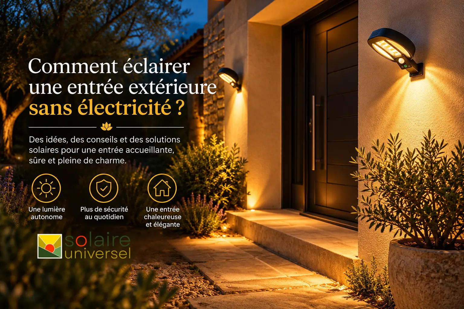 Éclairage d’une entrée extérieure sans électricité avec deux appliques solaires murales LED à détecteur de mouvement, installées près d’une porte d’entrée.