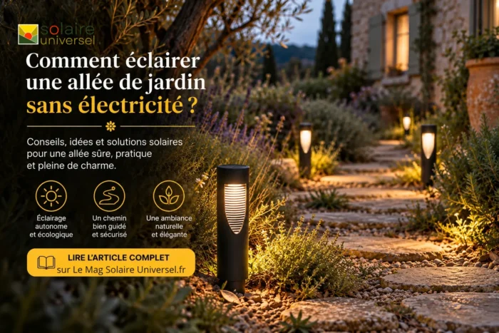 Allée de jardin éclairée sans électricité par des bornes solaires LED à lumière chaude, bordant un chemin en pierre entouré de lavande.