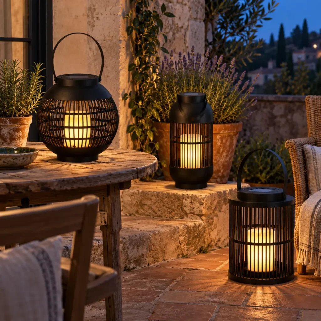 Trois lanternes solaires LED effet bougie sur une terrasse à l’heure bleue