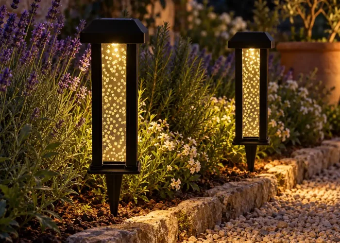Deux balises solaires LED à effet bulles lumineuses, installées le long d’une allée de jardin bordée de lavande, avec un éclairage blanc chaud.