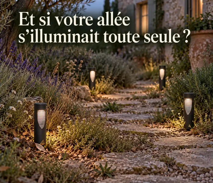 Allée de jardin en pierre éclairée par quatre bornes solaires LED à lumière chaude, entourée de lavande et de végétation à la tombée de la nuit
